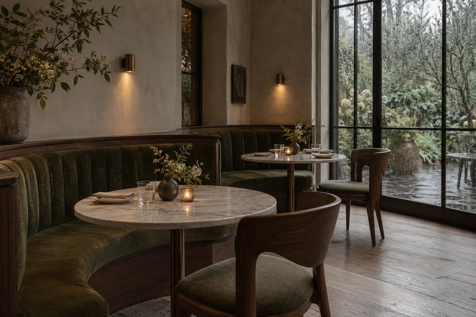 Walnut banquette and green upholstered seating beside a garden window in the Orchard Rooms concept.