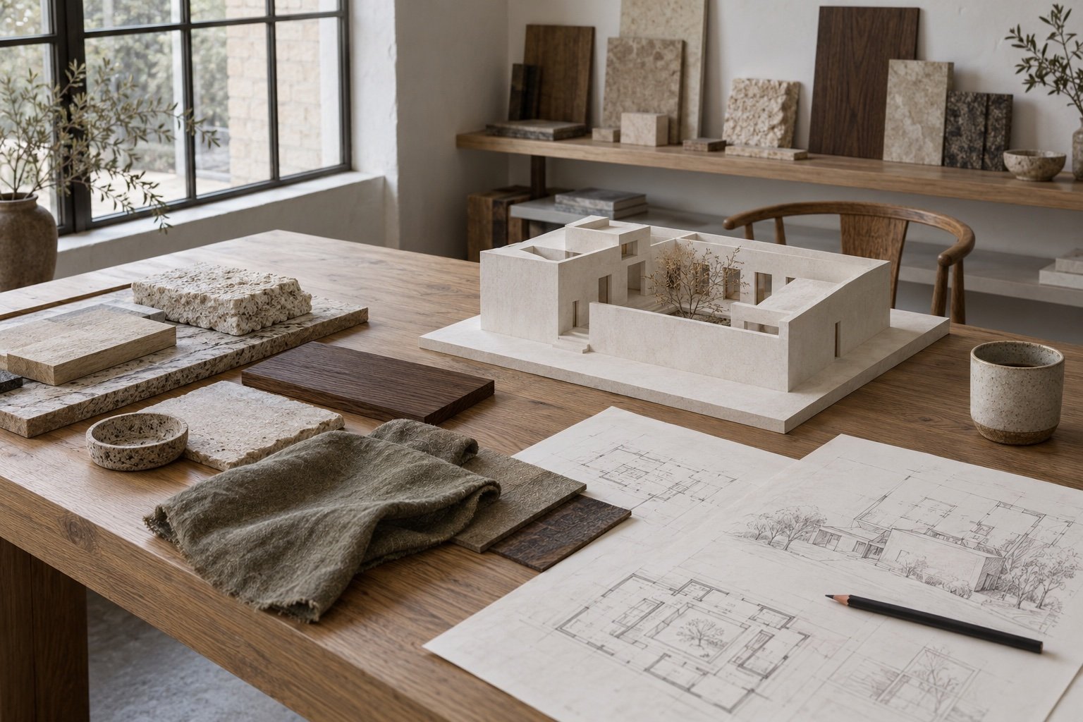 Limestone, oak and linen samples beside a courtyard-house model on a studio worktable.