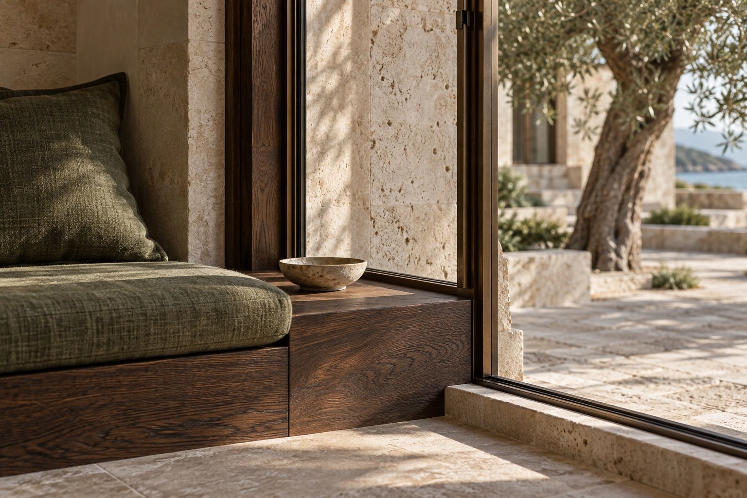 Dark oak window seat, olive linen cushion and pale limestone overlooking a courtyard.