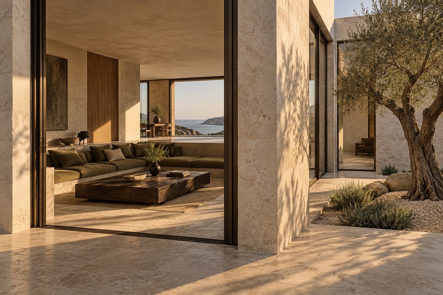 Sunlit limestone courtyard and olive tree beside the living room at the fictional Tidal House.